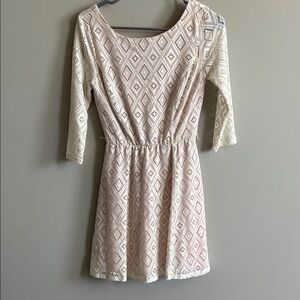 Cream Fit and Flare Dress with 3/4 Sleeves and Scoop Neck